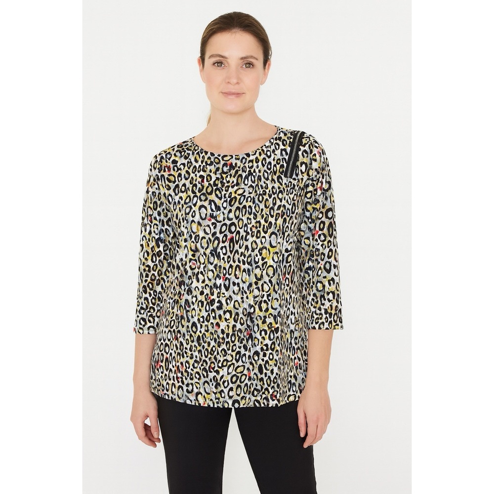 Compli K Leopard Print Top 3/4 Sleeve Scoop Neck Animal‎ Pattern Zipper Detail M